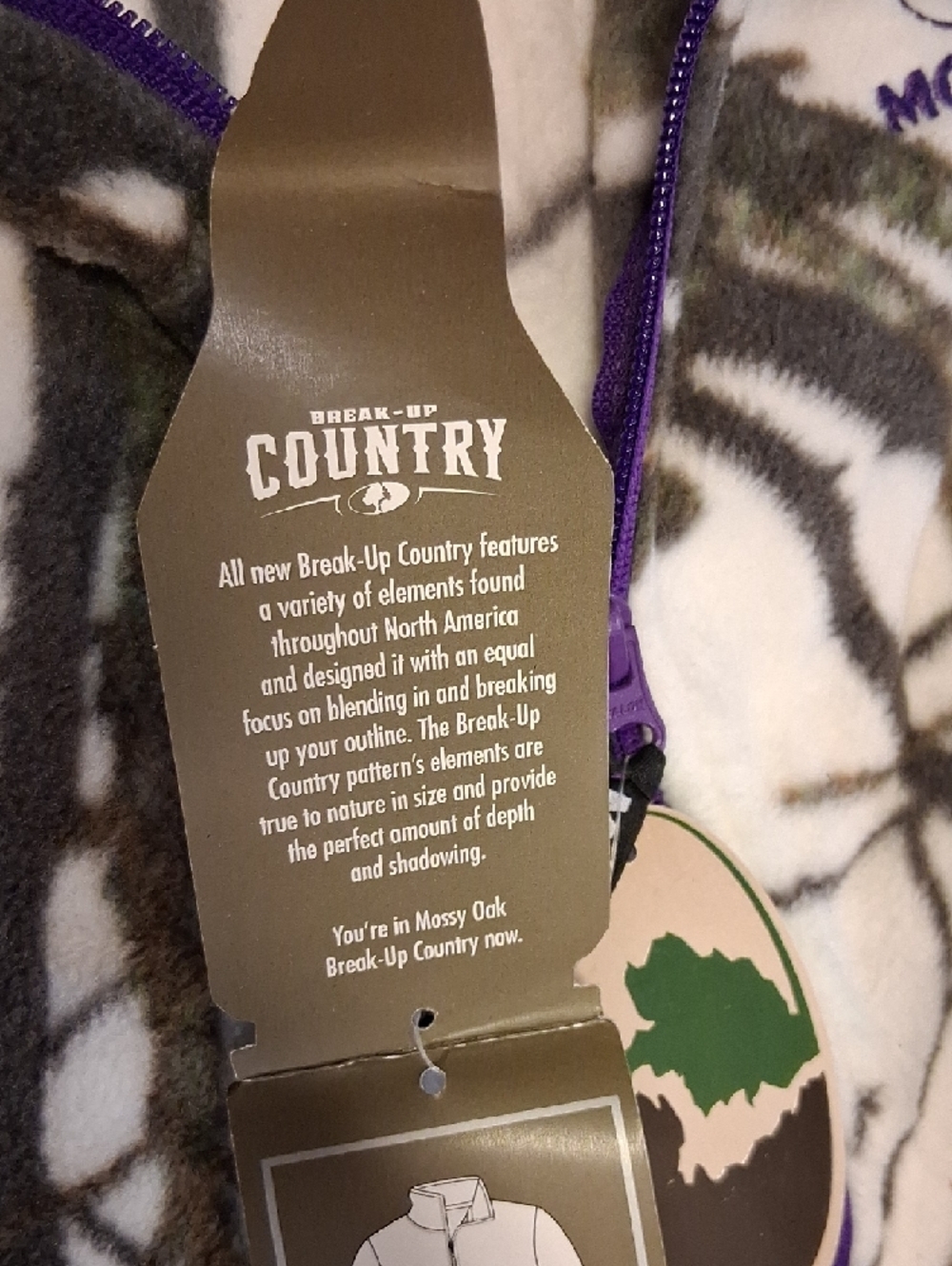 Mossy Oak White and Brown Realtree-Style Camo Fleece Jacket with Purple Accents. - Picture 11 of 13